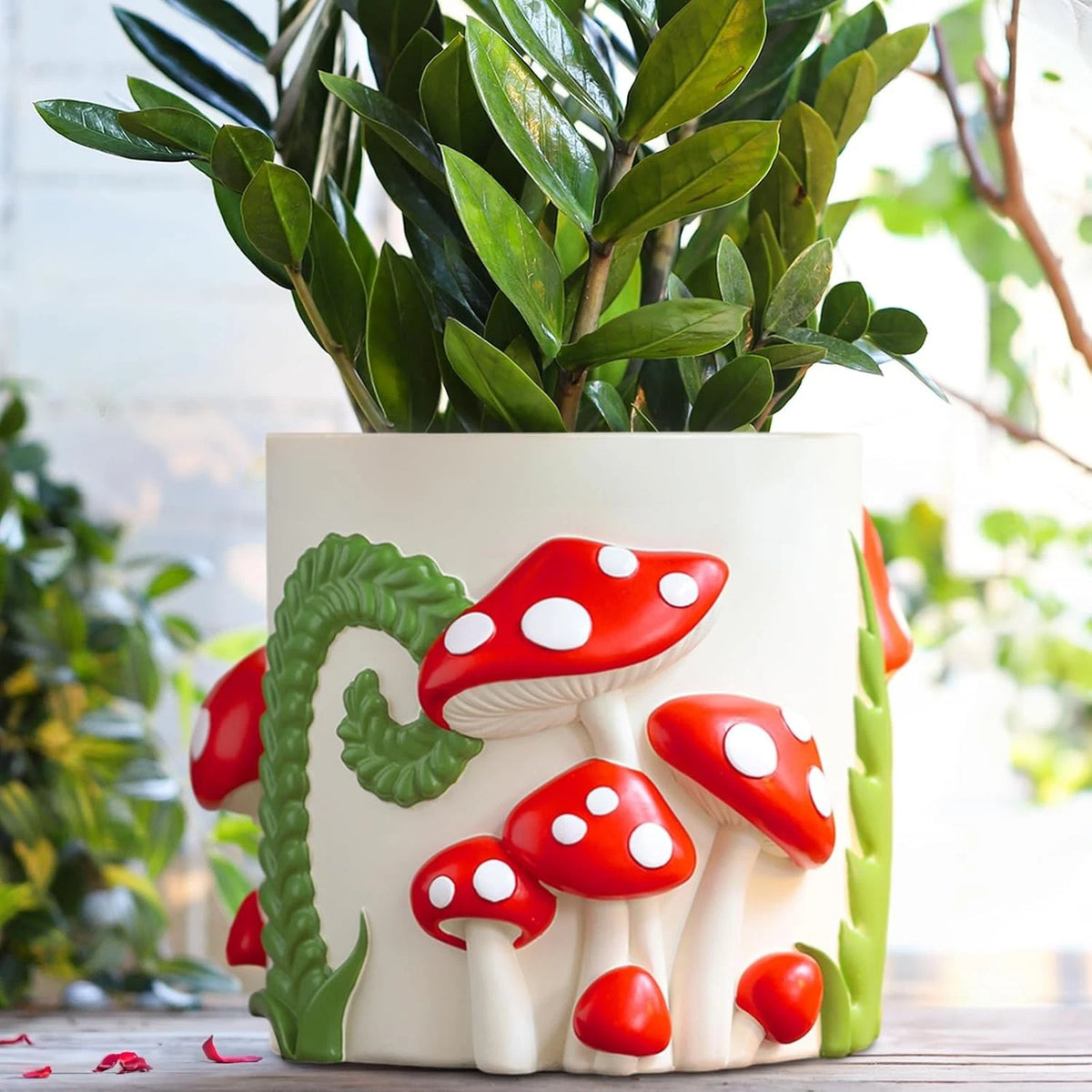 Colorful Mushroom Planter 8 Inch Resin Pot with Drainage Hole, Art Deco Style, Unique Hand-Painted Design, GUGUGO