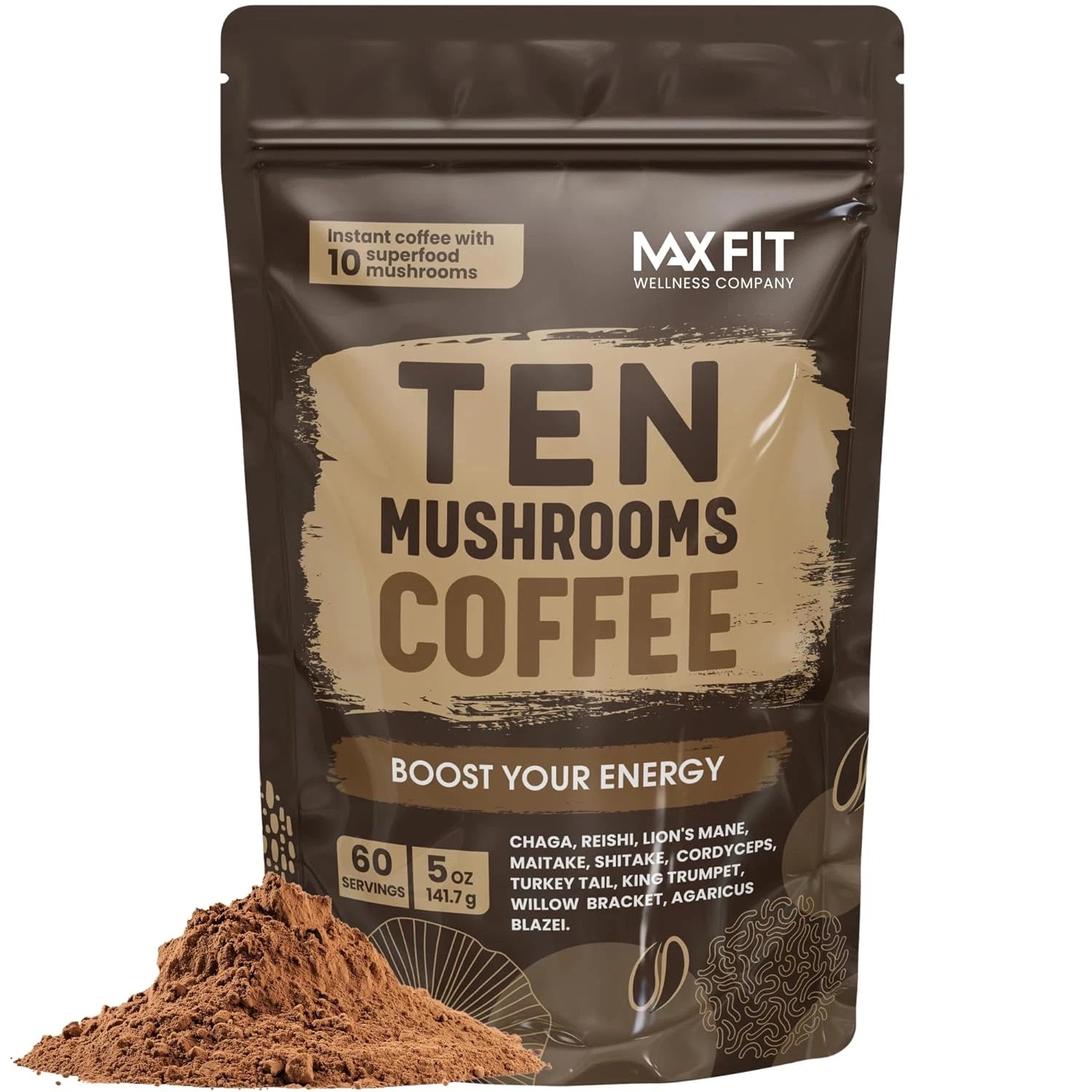 Mushroom Coffee Powder 60 Servings with Lion's Mane, Cordyceps, Turkey Tail - MAX FIT Instant Gourmet Blend for Focus & Gut Health