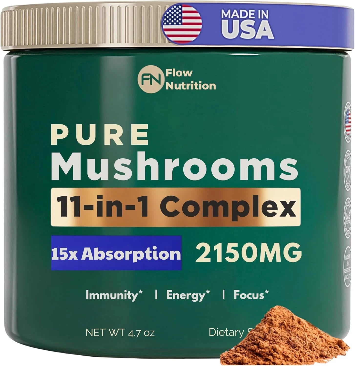 Organic Mushroom Powder Blend - 11 in 1 Adaptogenic Supplement for Coffee & Smoothies - Lion’s Mane, Reishi, Chaga, Cordyceps