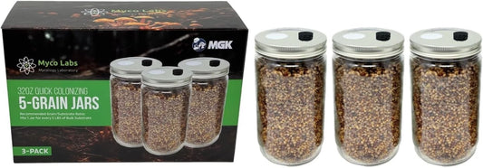 5-Grain Mushroom Spawn Jars 32oz (3-Pack) - Quick Colonizing Myco Labs Premium Grain Spawn for Fast Growth and Easy Cultivation