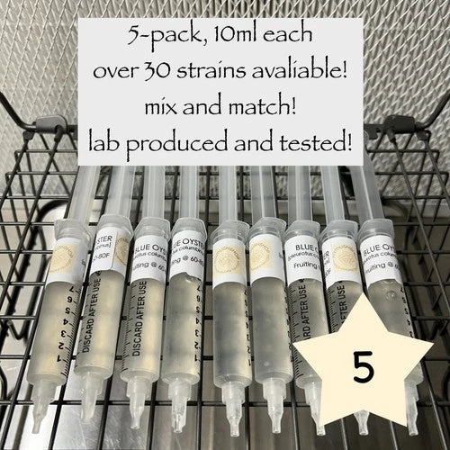 Mushroom Liquid Culture Syringe 5-Pack, Culinary Varieties, Shiitake, Oyster, Lion's Mane, High-Quality Cultures