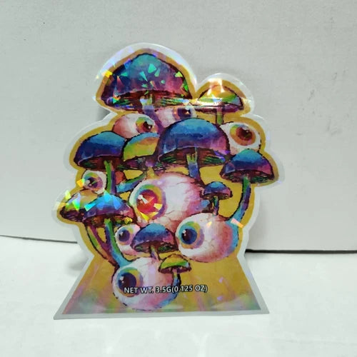 Holographic Mushroom Eyeball Bags - 3.5 Size - 100 Empty Packaging Bags for Cannabis - Husk and Hemp