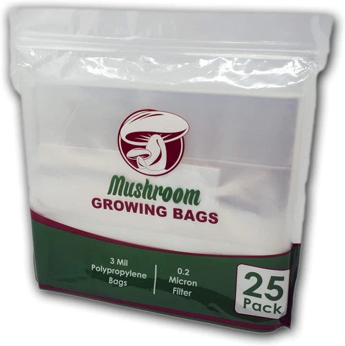 Reinforced Mushroom Grow Bags, 25 Pack, 3 Mil Polypropylene, Heavy-Duty, Transparent with Filter Patch, Ideal for Home Growing