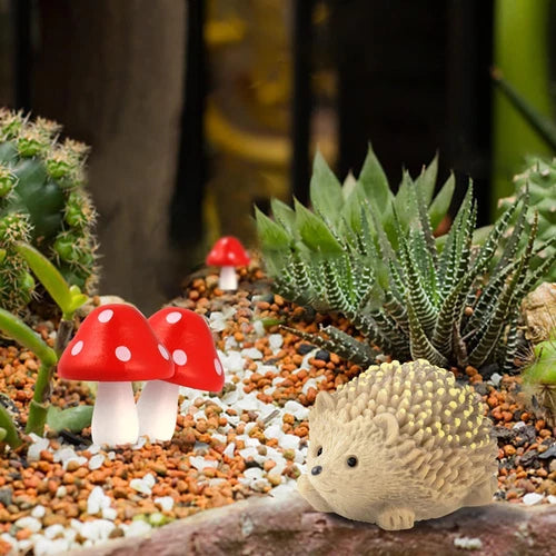 Mini Mushroom & Resin Hedgehogs Figurines 6 Pack - Fairy Garden Accessories, Wood Mushrooms & Hedgehogs for DIY Decor